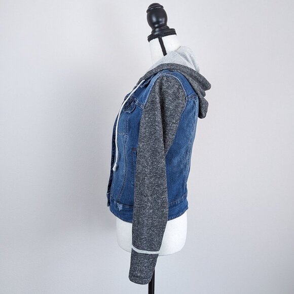 Mossimo Jean Jacket Distressed Denim Hooded Button Colorblock Women's Medium - Picture 6 of 10